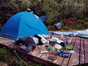 Recovering after a long day's walking on Lake Cygnus tent platform